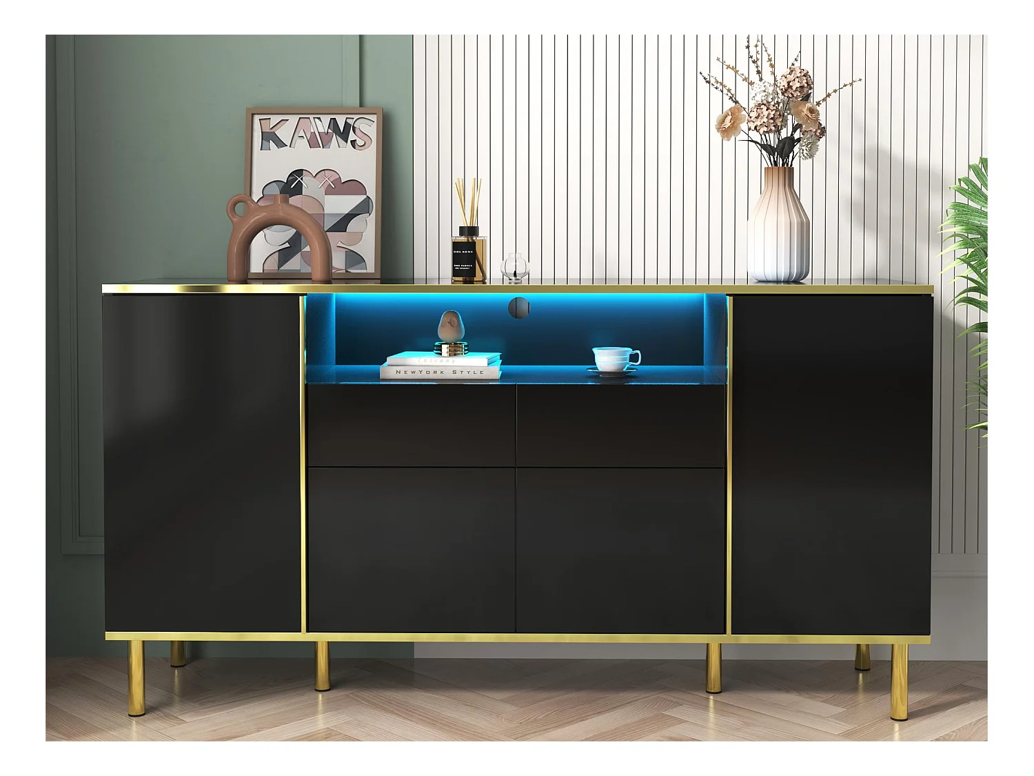 Buffet avec LED - 4 portes 2 tiroirs - Surface brillante - style contemporain - Noir