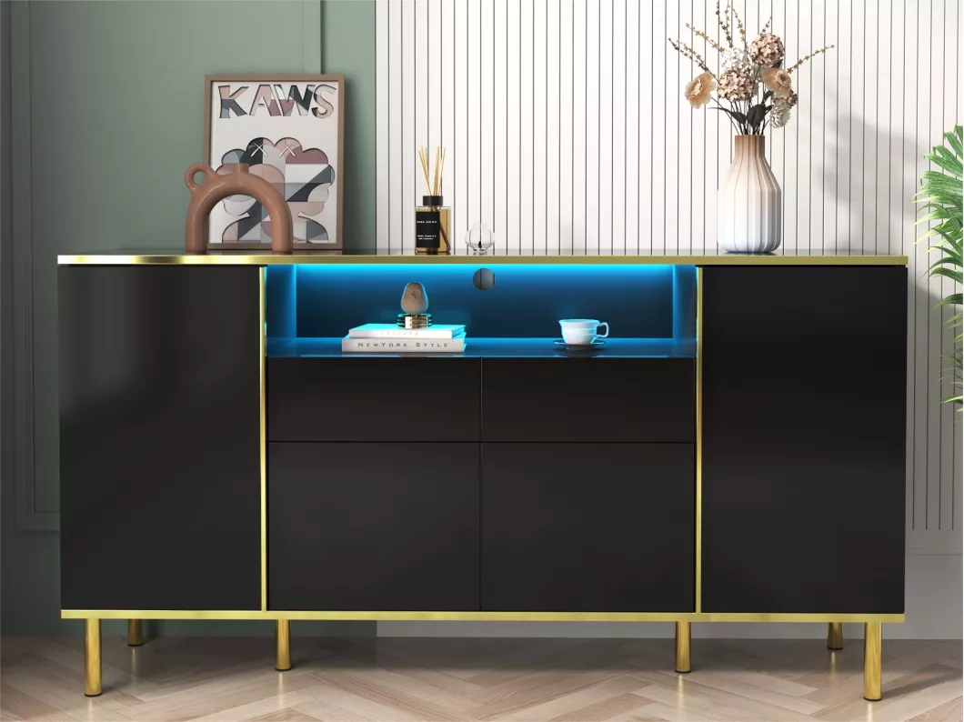 Kauf Unique Sideboard mit LED – 4 Türen, 2 Schubladen – glänzende Oberfläche – moderner Stil – Schwarz