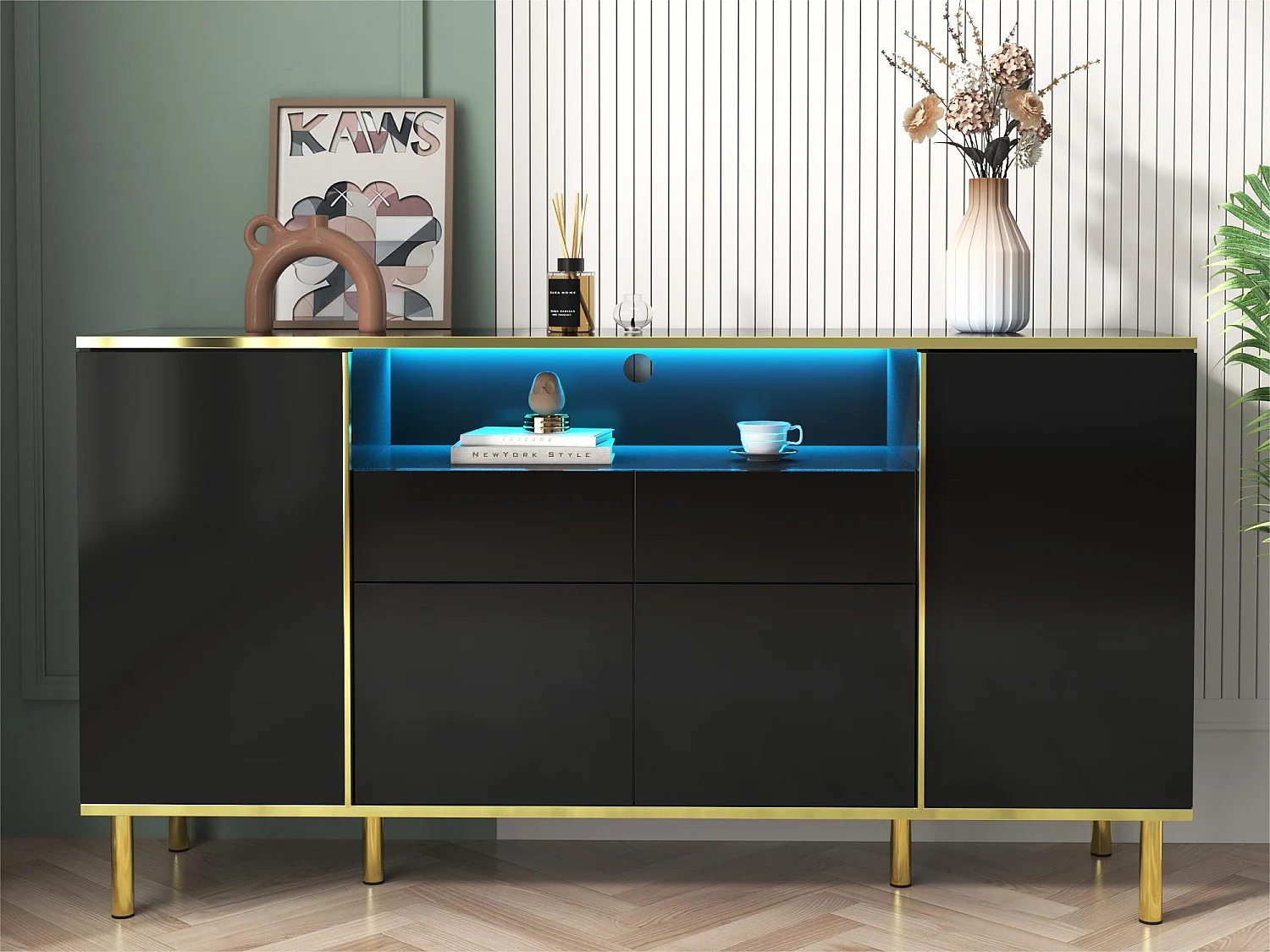 Credenza con LED - 4 ante 2 cassetti - Superficie lucida - stile contemporaneo - Nero