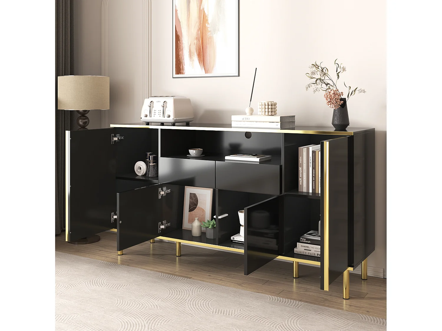 Credenza con LED - 4 ante 2 cassetti - Superficie lucida - stile contemporaneo - Nero