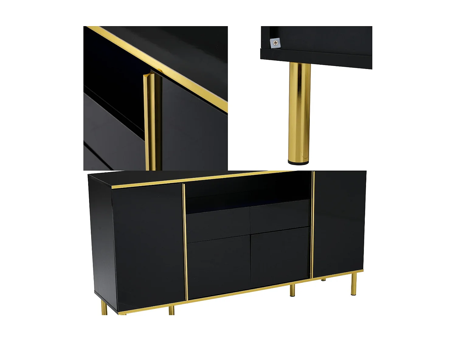 Credenza con LED - 4 ante 2 cassetti - Superficie lucida - stile contemporaneo - Nero