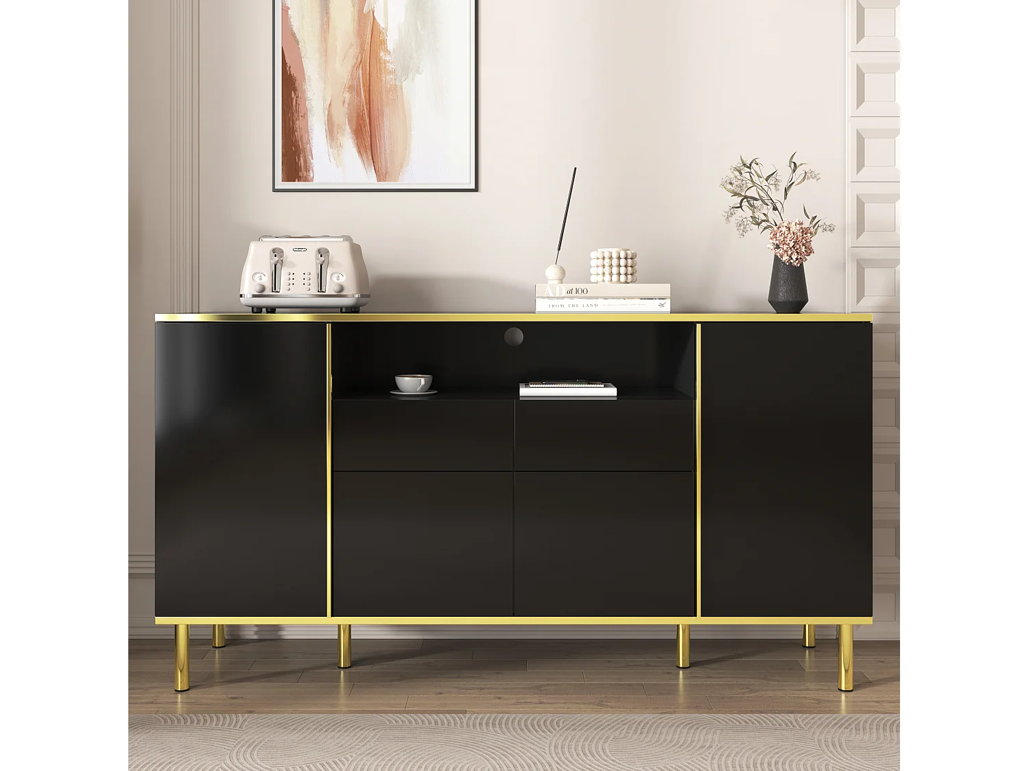 Credenza con LED - 4 ante 2 cassetti - Superficie lucida - stile contemporaneo - Nero