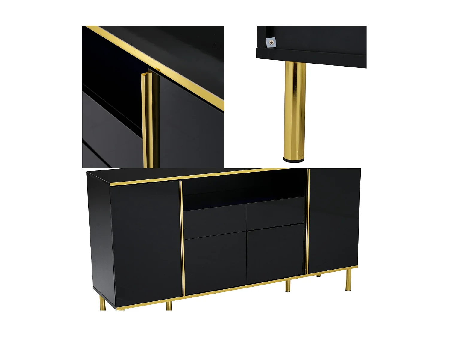 Buffet avec LED - 4 portes 2 tiroirs - Surface brillante - style contemporain - Noir