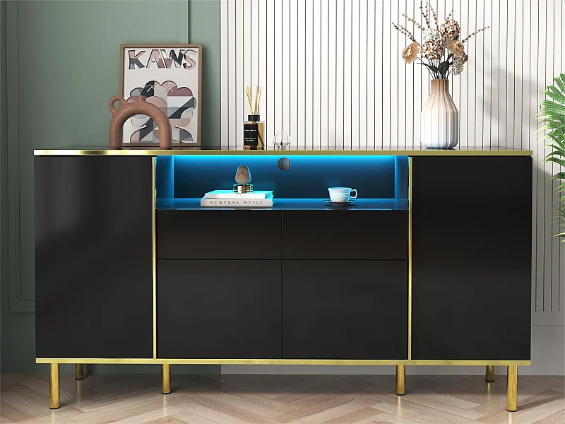 Sideboard mit LED – 4 Türen, 2 Schubladen – glänzende Oberfläche – moderner Stil – Schwarz