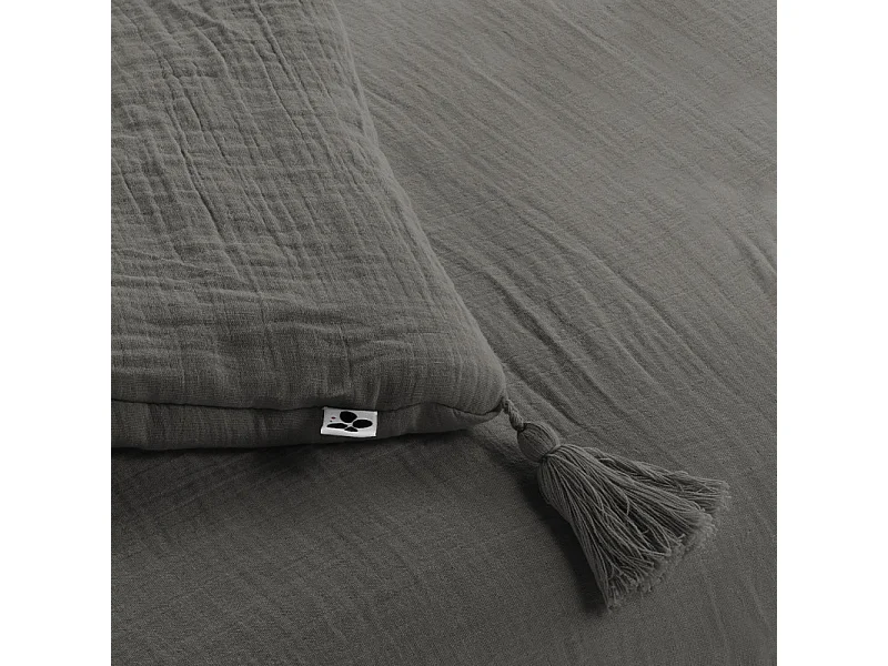 Édredon 90 x 200 cm en gaze de coton gris avec 4 pompons - PEPA