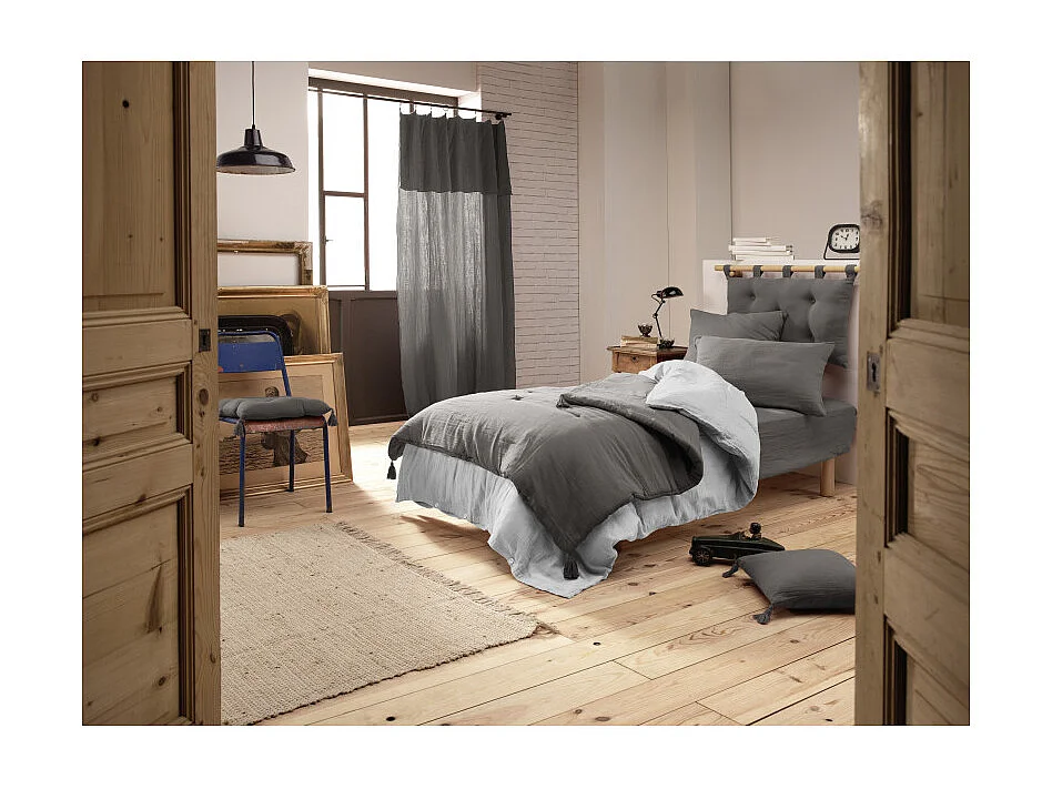 Édredon 90 x 200 cm en gaze de coton gris avec 4 pompons - PEPA