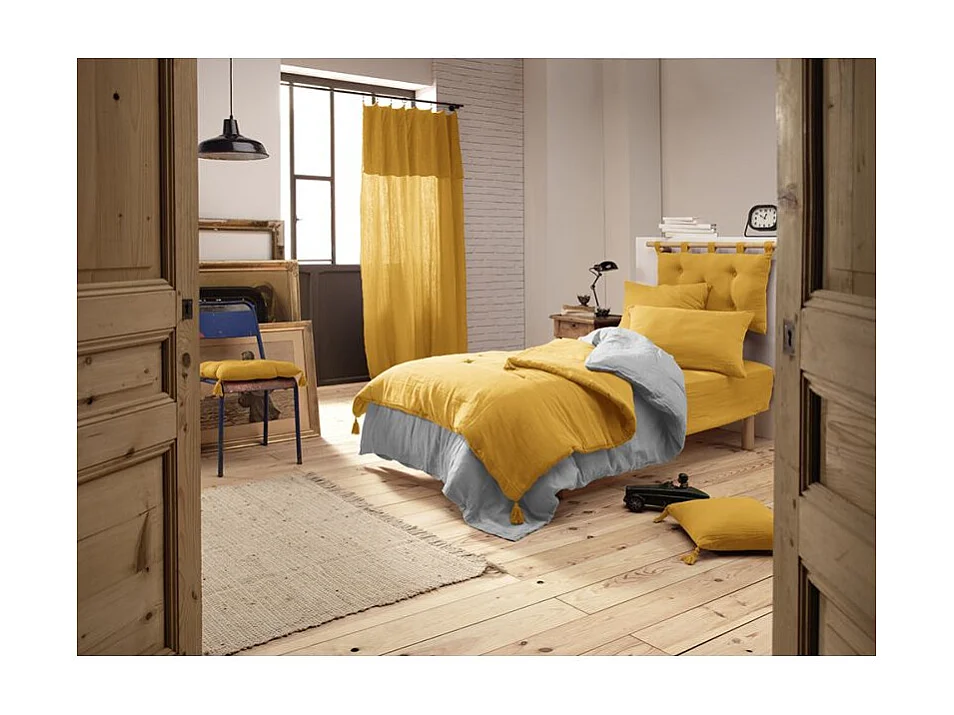 Édredon 90 x 200 cm en gaze de coton jaune avec 4 pompons - PEPA