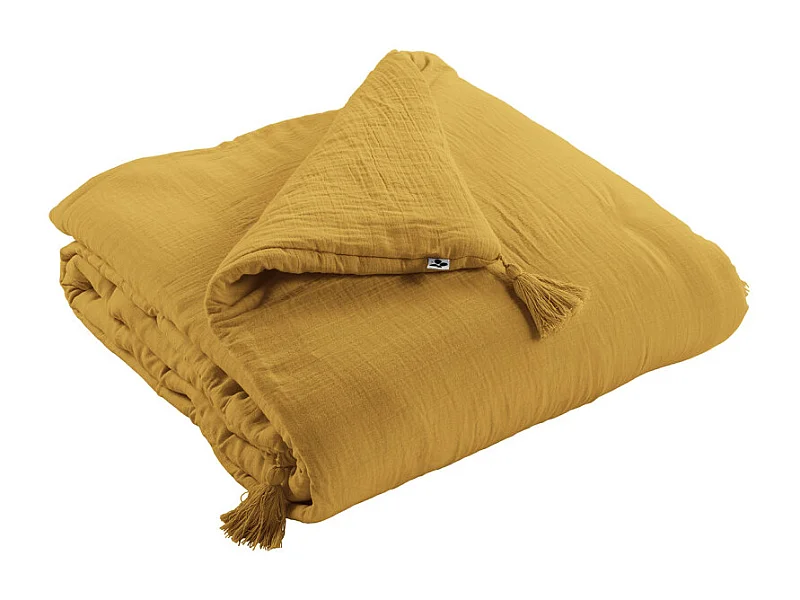 Édredon 90 x 200 cm en gaze de coton jaune avec 4 pompons - PEPA
