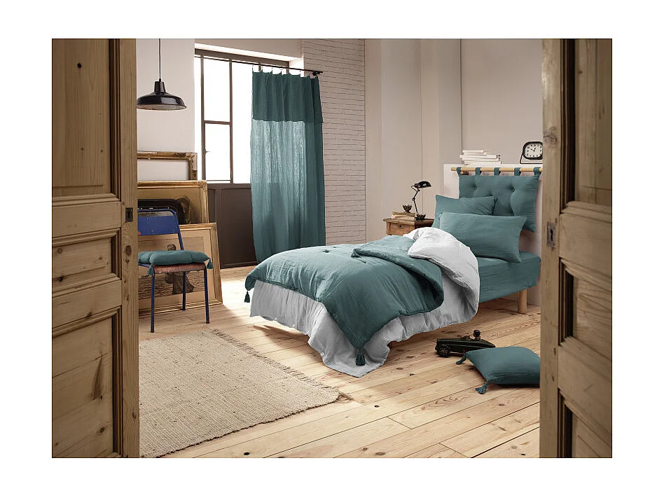 Édredon 90 x 200 cm gaze de coton bleu canard avec 4 pompons - PEPA