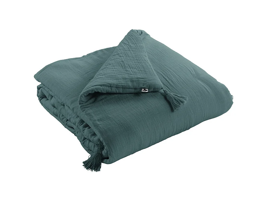 Édredon 90 x 200 cm gaze de coton bleu canard avec 4 pompons - PEPA