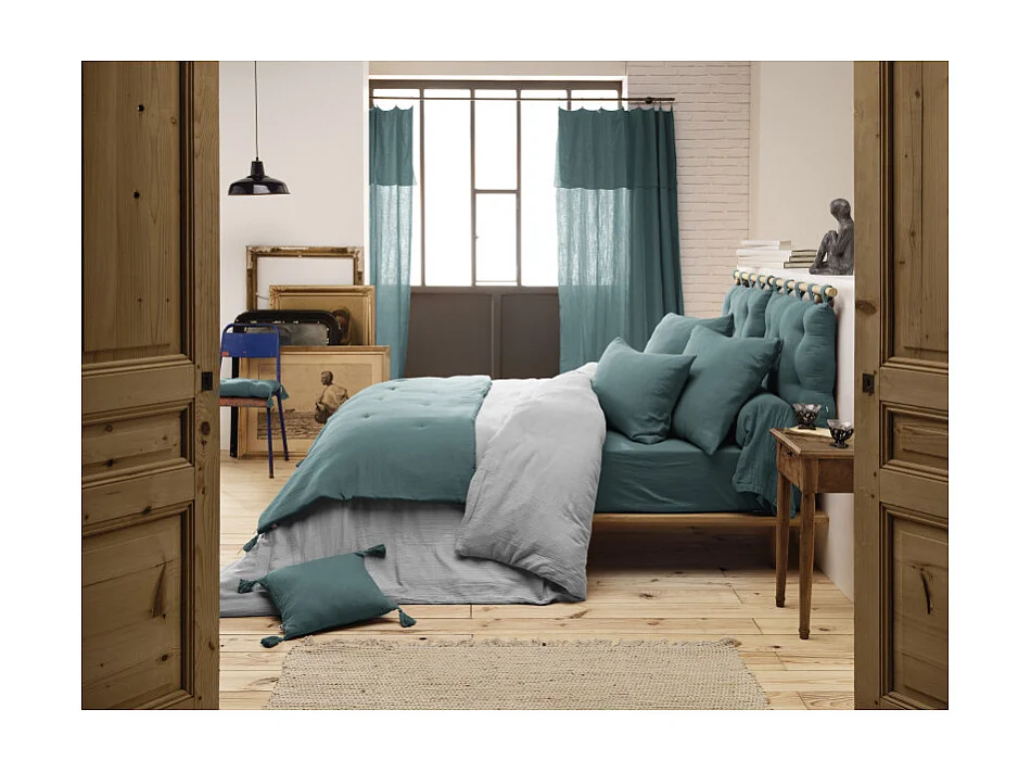 Édredon 90 x 200 cm gaze de coton bleu canard avec 4 pompons - PEPA