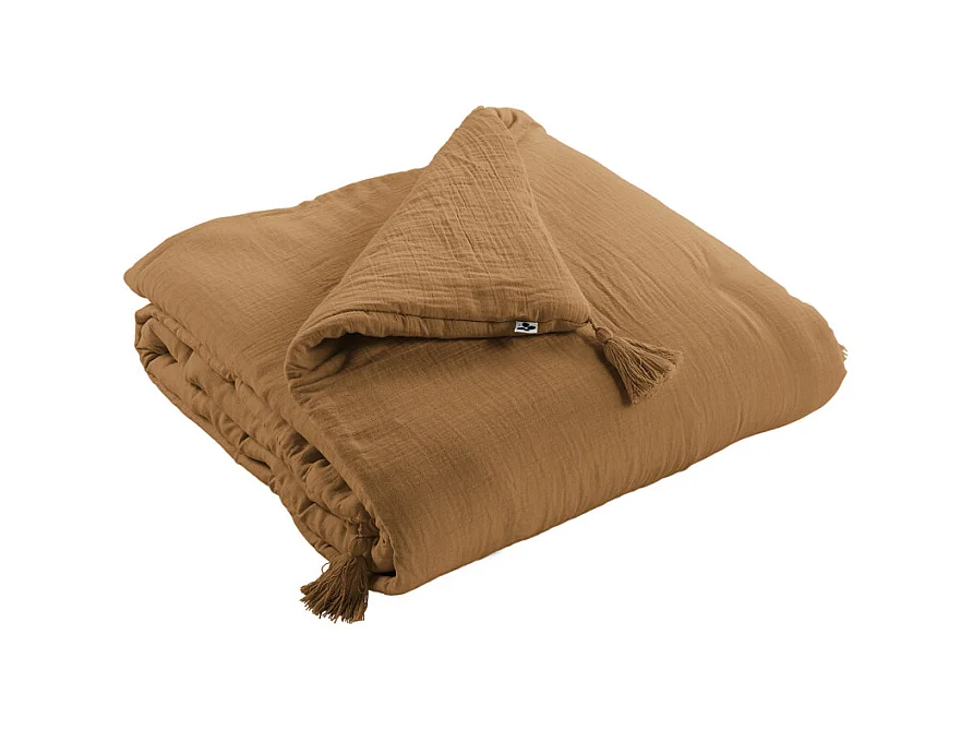 Édredon 90 x 200 cm en gaze de coton camel avec 4 pompons - PEPA