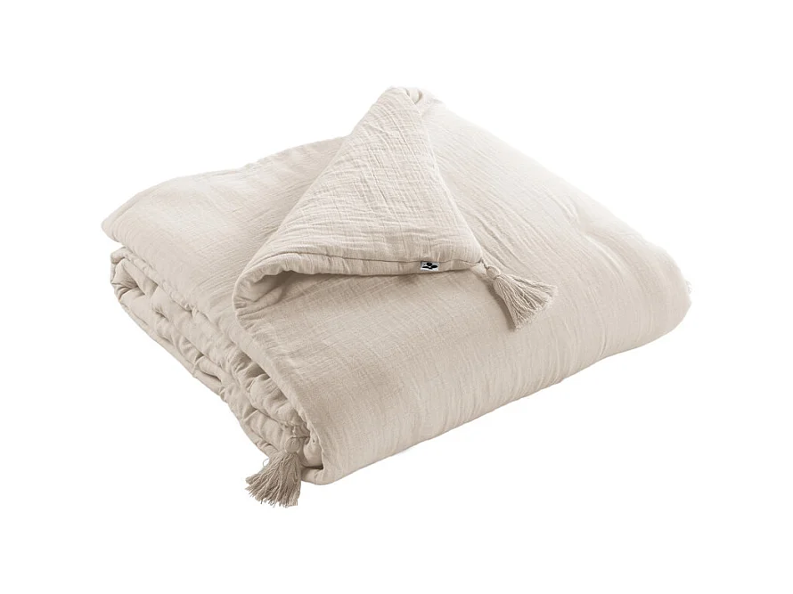 Édredon 90 x 200 cm en gaze de coton écru avec 4 pompons - PEPA