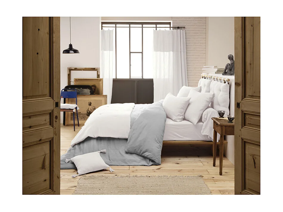 Édredon 90 x 200 cm en gaze de coton blanc avec 4 pompons - PEPA