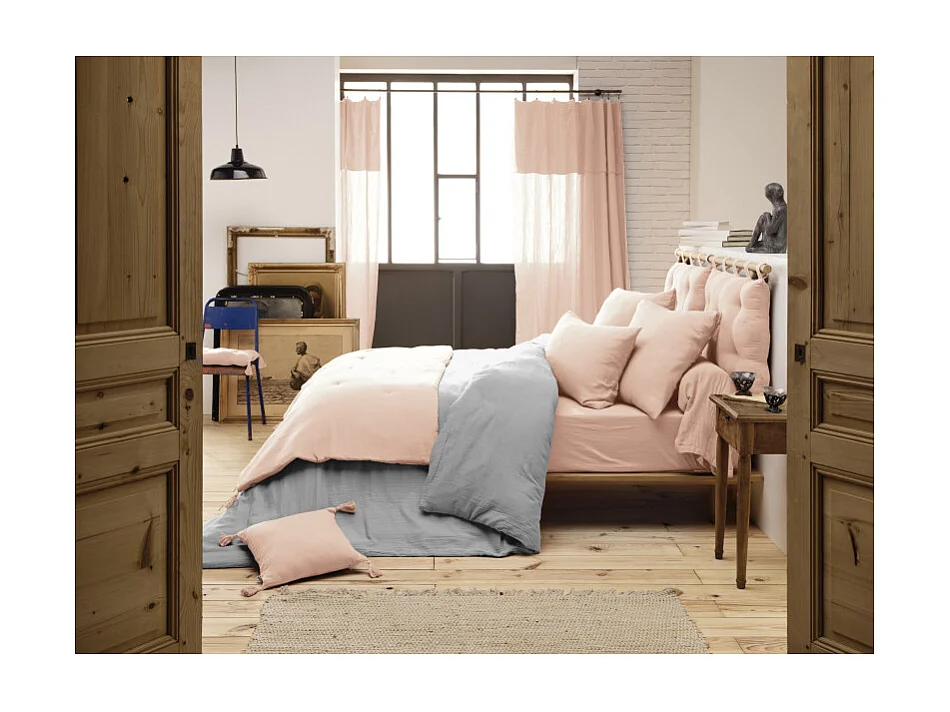 Édredon 90 x 200 cm en gaze de coton rose avec 4 pompons - PEPA