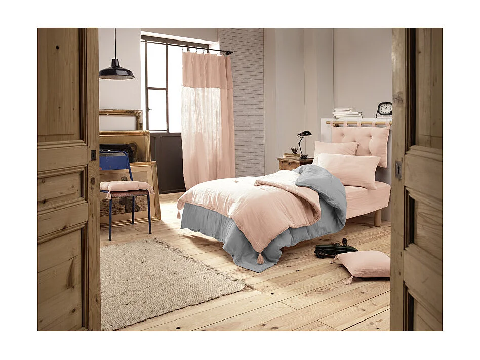 Édredon 90 x 200 cm en gaze de coton rose avec 4 pompons - PEPA