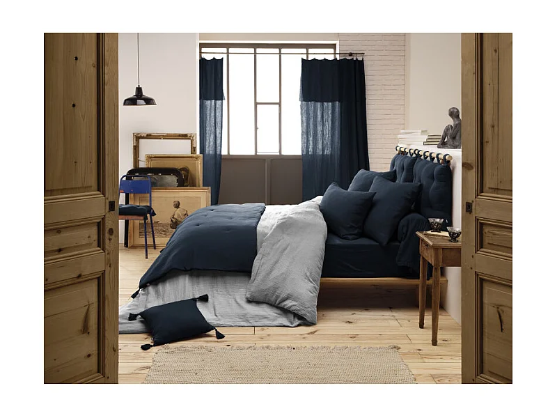 Édredon 90 x 200 cm gaze de coton bleu nuit avec 4 pompons - PEPA