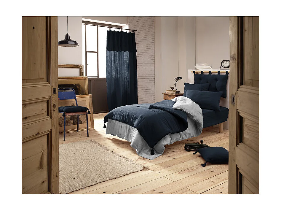 Édredon 90 x 200 cm gaze de coton bleu nuit avec 4 pompons - PEPA