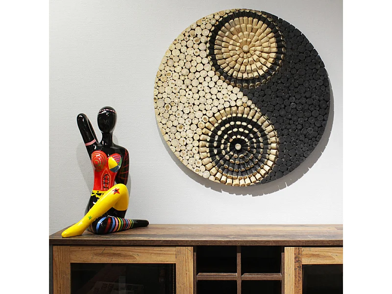 Décoration Yin Yang murale D.80 cm rondins bois peinture noire - YIN