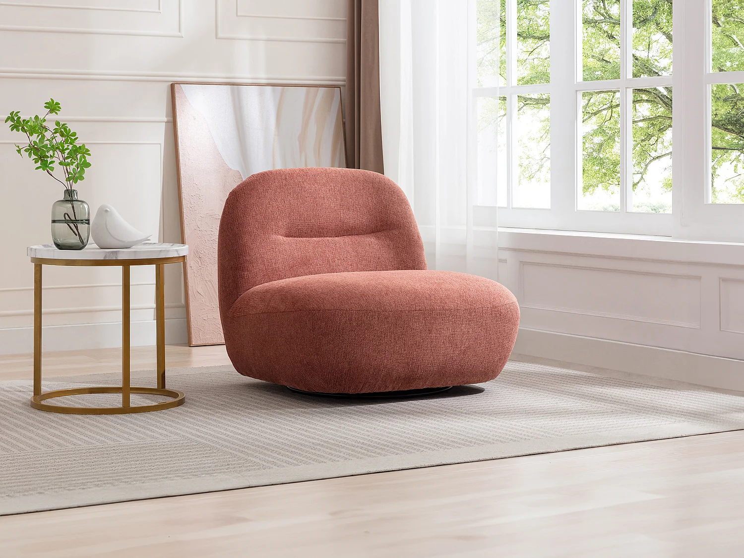Fauteuil pivotant en tissu texturé terracotta POZETI