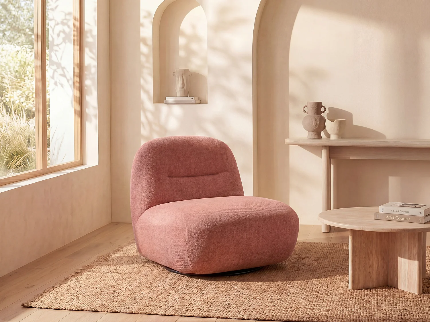 Draaifauteuil van terracottakleurige stof met textuur POZETI