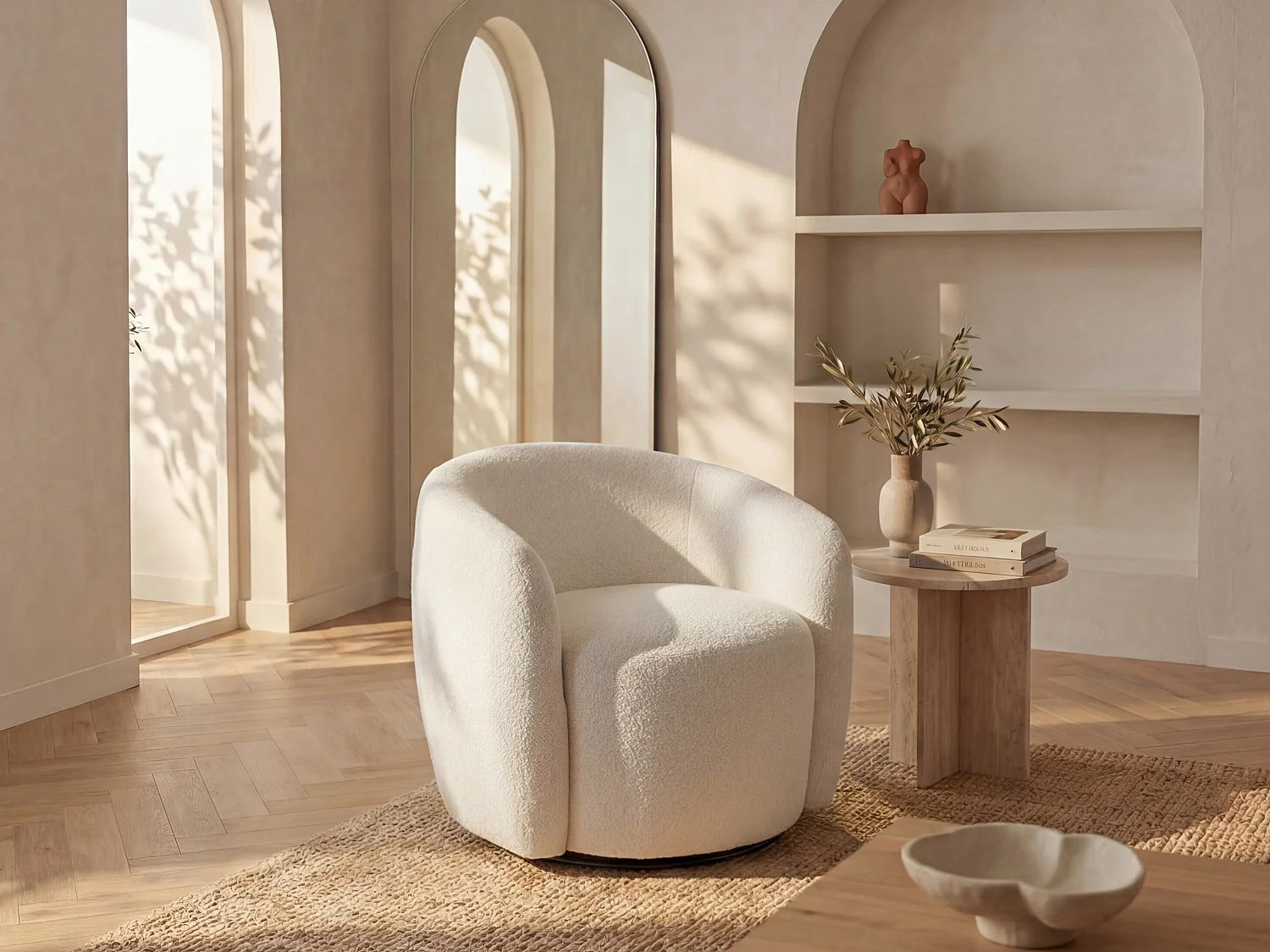 Draaibare fauteuil van witte boucléstof - VEREIDE