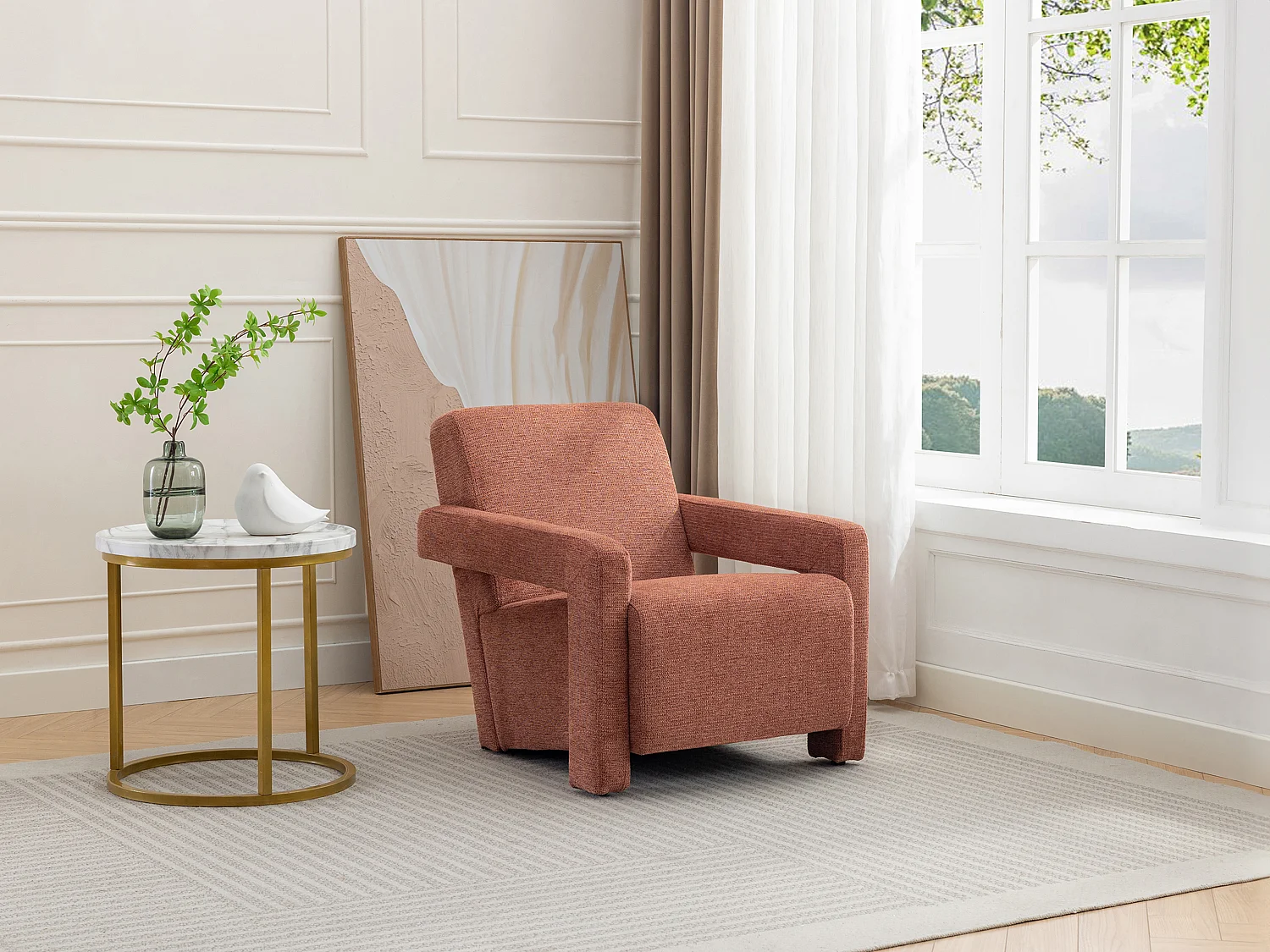 Fauteuil van terracottakleurige stof met textuur ISPARTA