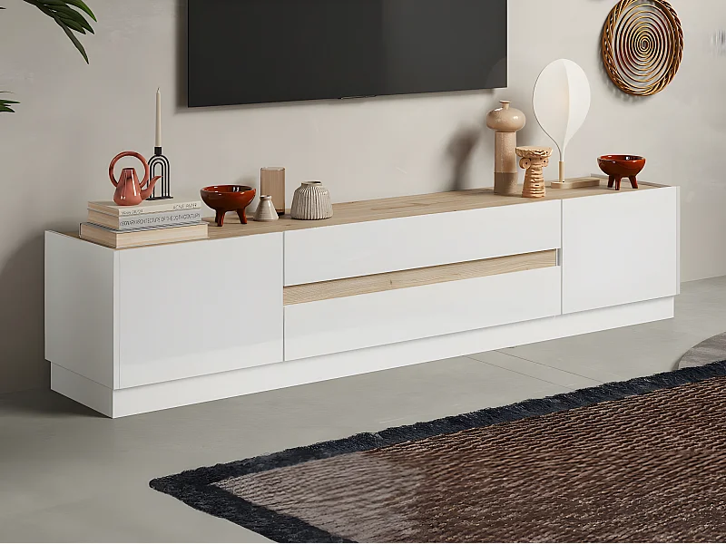 Móvel de TV com 2 portas e 2 gavetas, lacado a branco e natural - EMORA