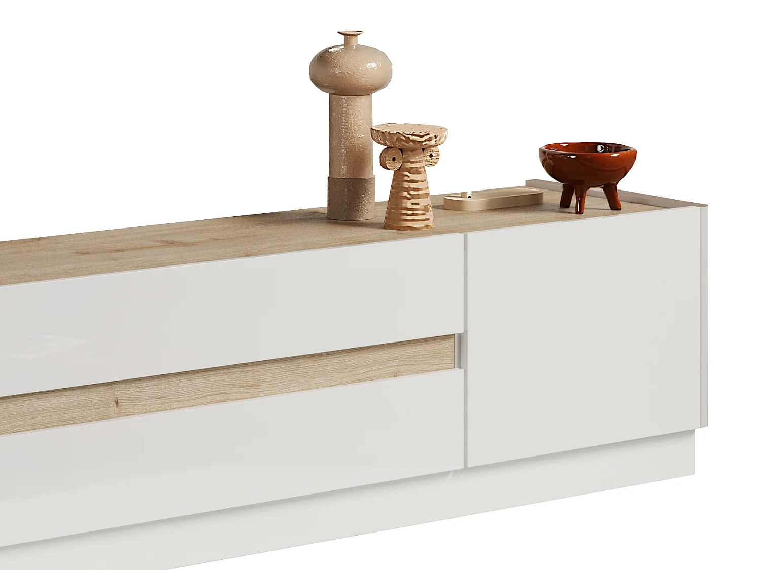 Móvel de TV com 2 portas e 2 gavetas, lacado a branco e natural - EMORA