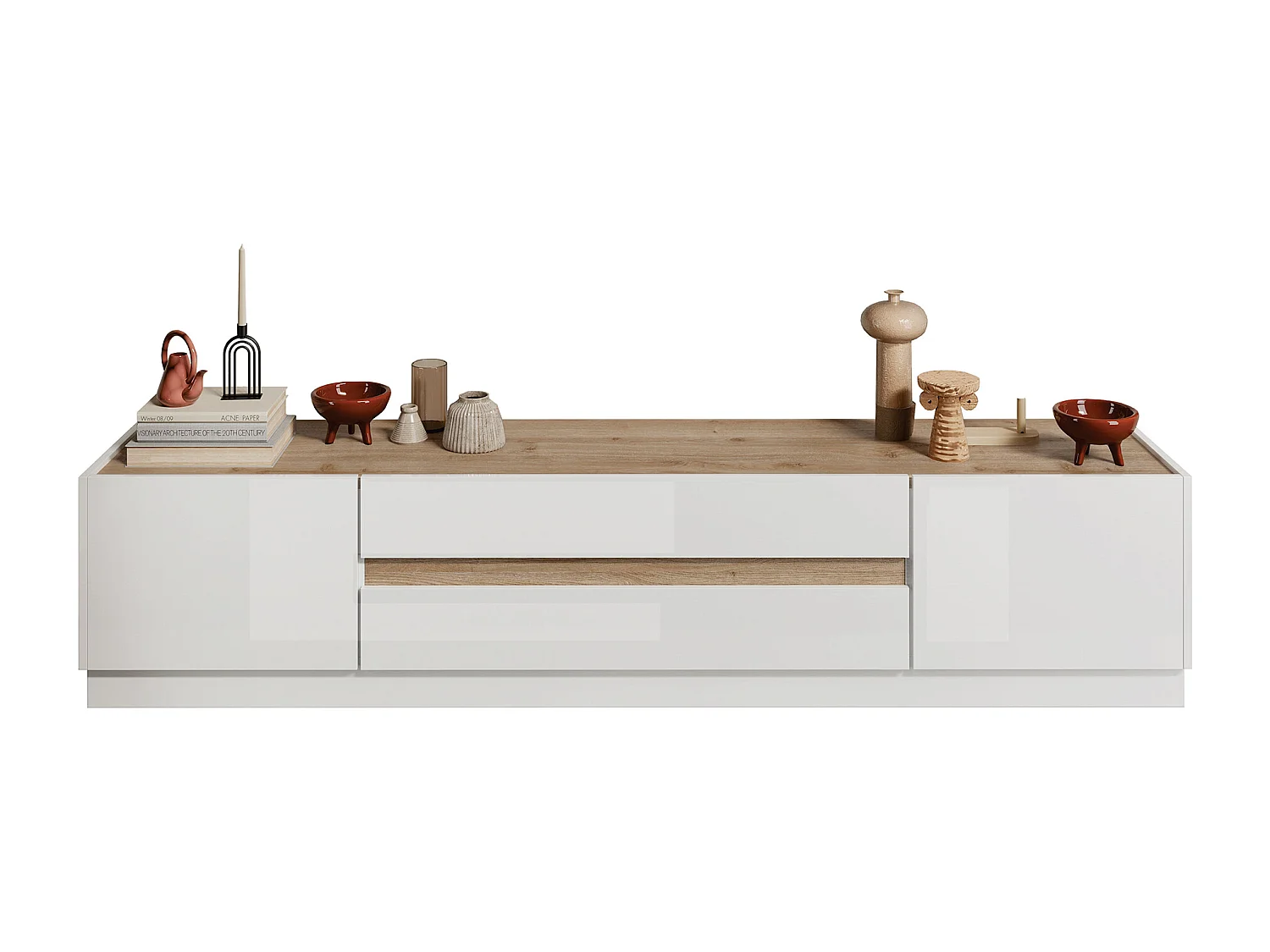 Móvel de TV com 2 portas e 2 gavetas, lacado a branco e natural - EMORA