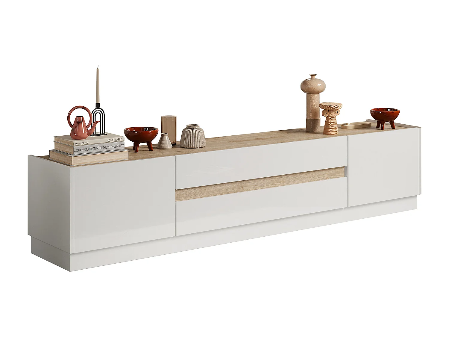 Móvel de TV com 2 portas e 2 gavetas, lacado a branco e natural - EMORA