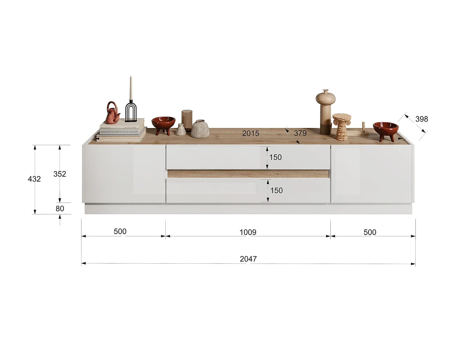 Móvel de TV com 2 portas e 2 gavetas, lacado a branco e natural - EMORA
