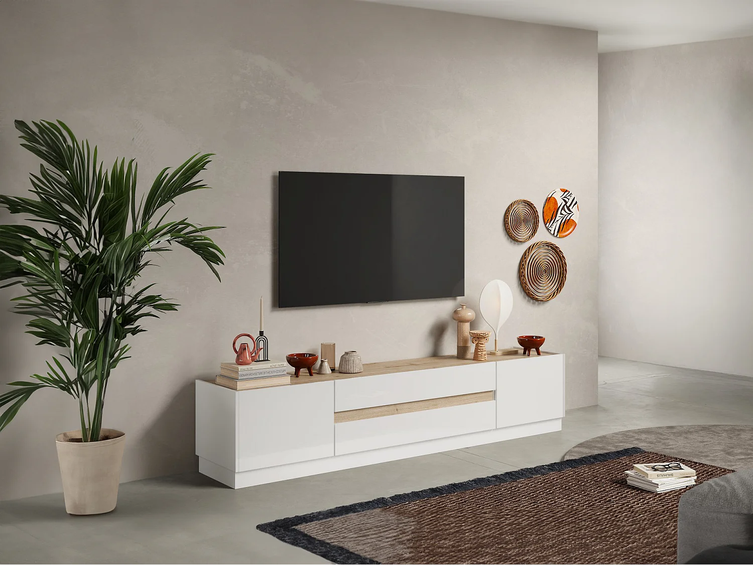 Móvel de TV com 2 portas e 2 gavetas, lacado a branco e natural - EMORA