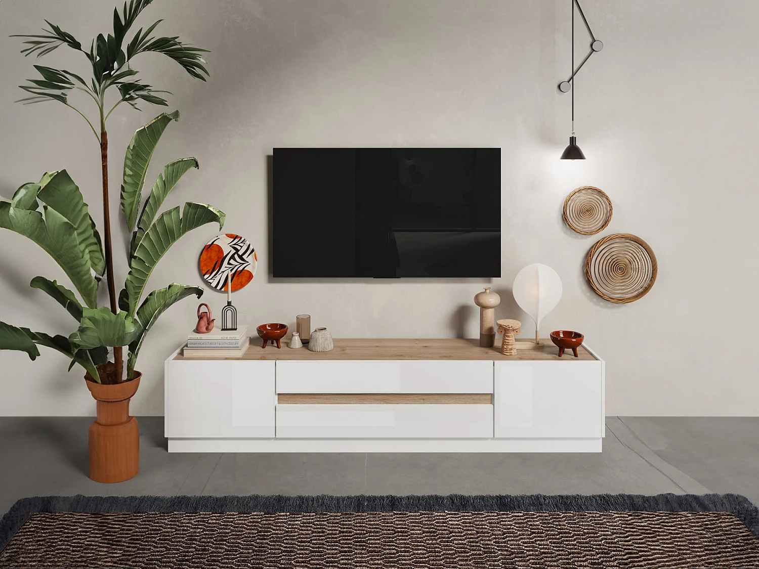 Mueble de TV con 2 puertas y 2 cajones - Blanco lacado y Natural - EMORA