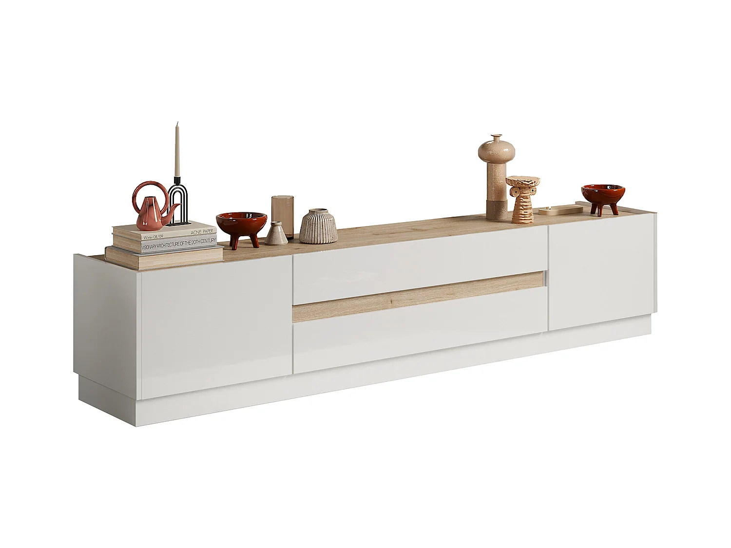 Mueble de TV con 2 puertas y 2 cajones - Blanco lacado y Natural - EMORA