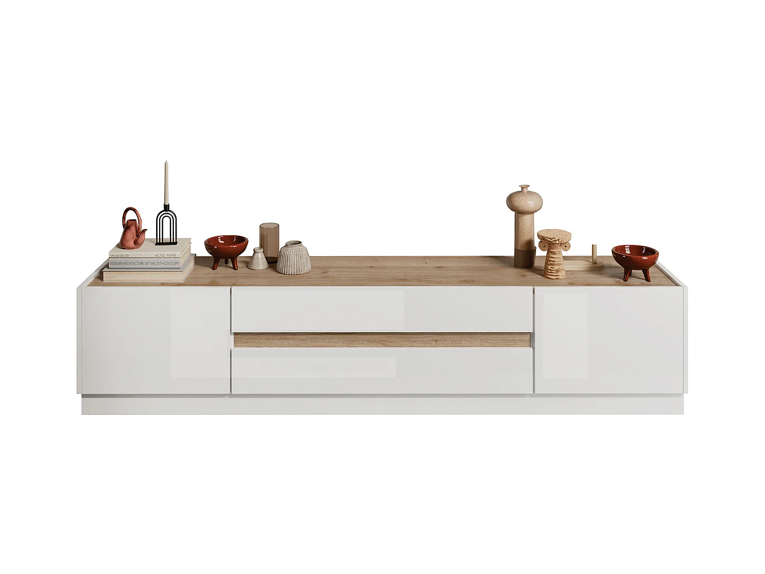 Mueble de TV con 2 puertas y 2 cajones - Blanco lacado y Natural - EMORA