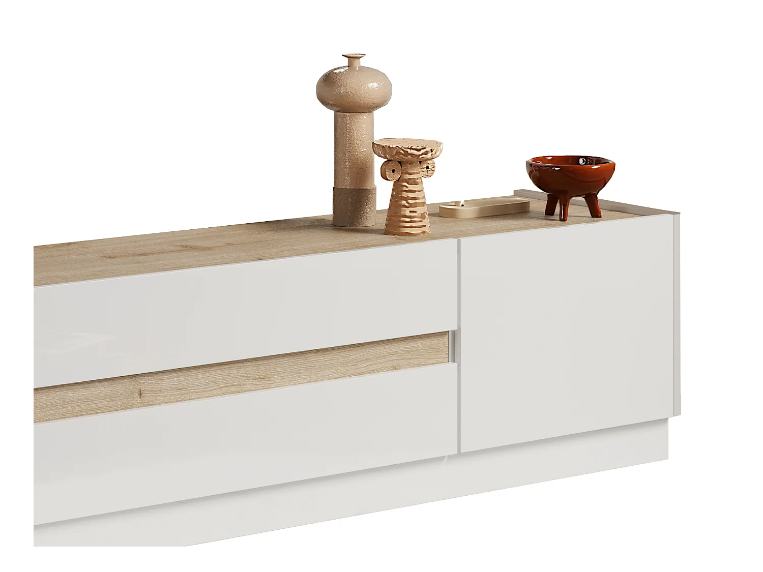 Mueble de TV con 2 puertas y 2 cajones - Blanco lacado y Natural - EMORA