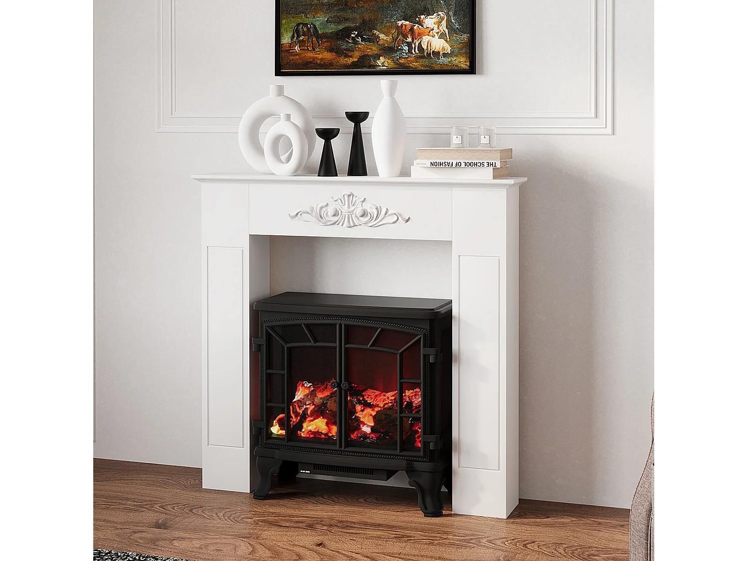 Manteau de cheminée style baroque - dim. 101L x 19l x 100H cm - bois de sapin blanc effet vieilli