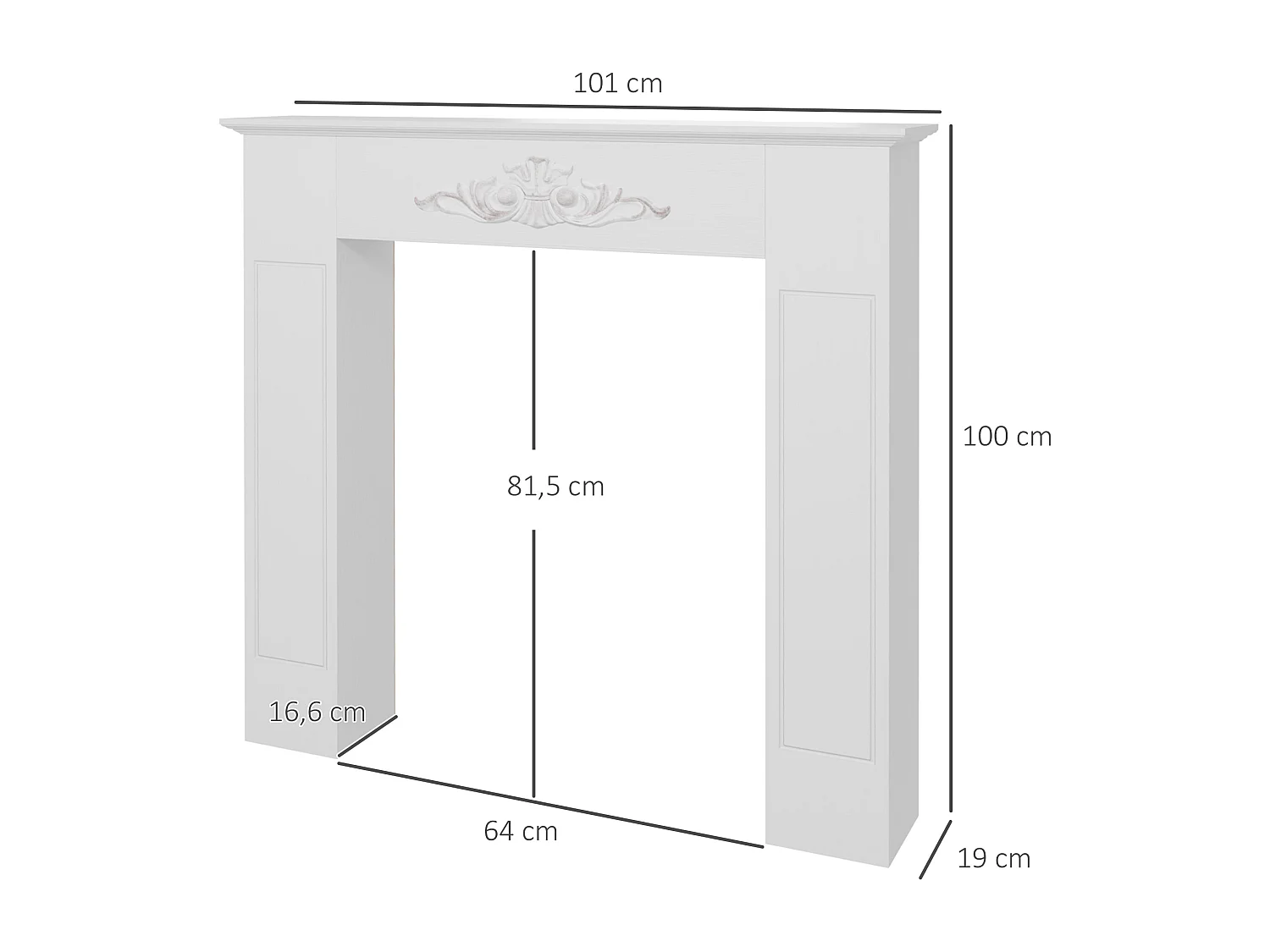 Manteau de cheminée style baroque - dim. 101L x 19l x 100H cm - bois de sapin blanc effet vieilli