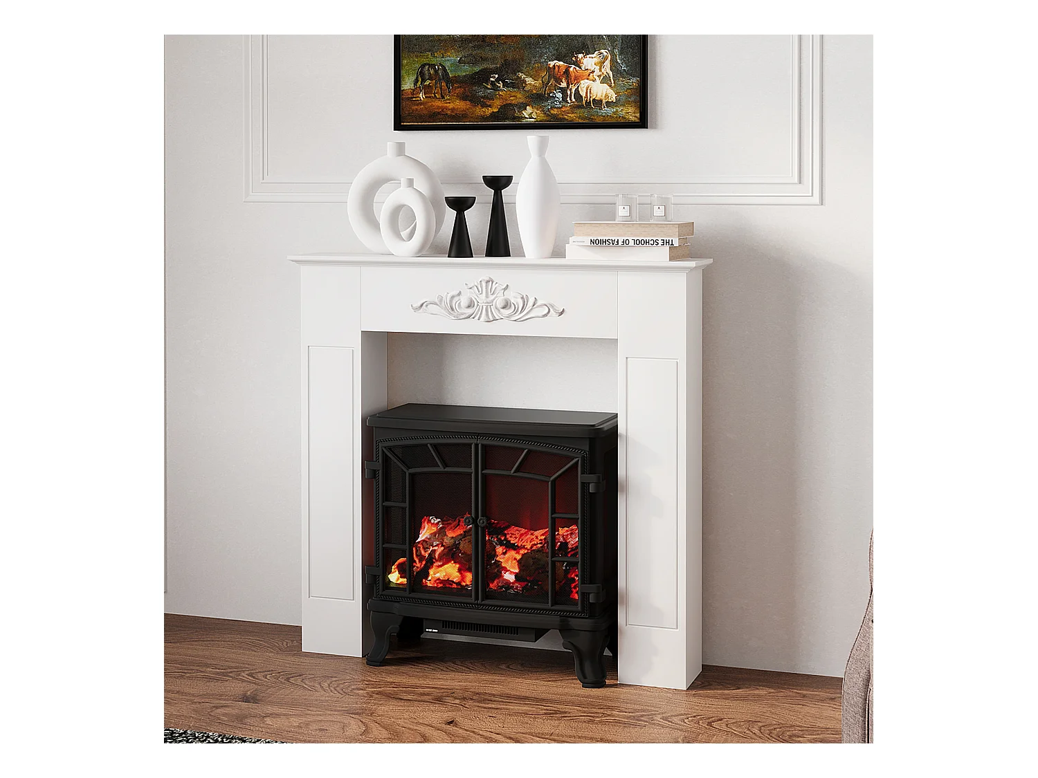Manteau de cheminée style baroque - dim. 101L x 19l x 100H cm - bois de sapin blanc effet vieilli