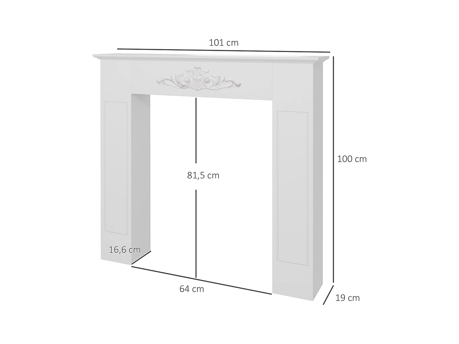 Manteau de cheminée style baroque - dim. 101L x 19l x 100H cm - bois de sapin blanc effet vieilli