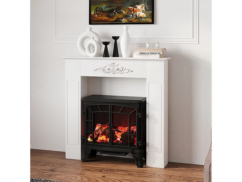 Manteau de cheminée style baroque - dim. 101L x 19l x 100H cm - bois de sapin blanc effet vieilli