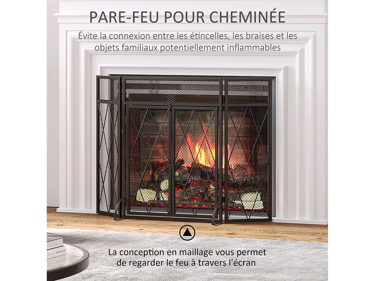 Pare-feu large pour cheminée ou poêle - pare-étincelles - 3 volets pliables et portes - métal noir