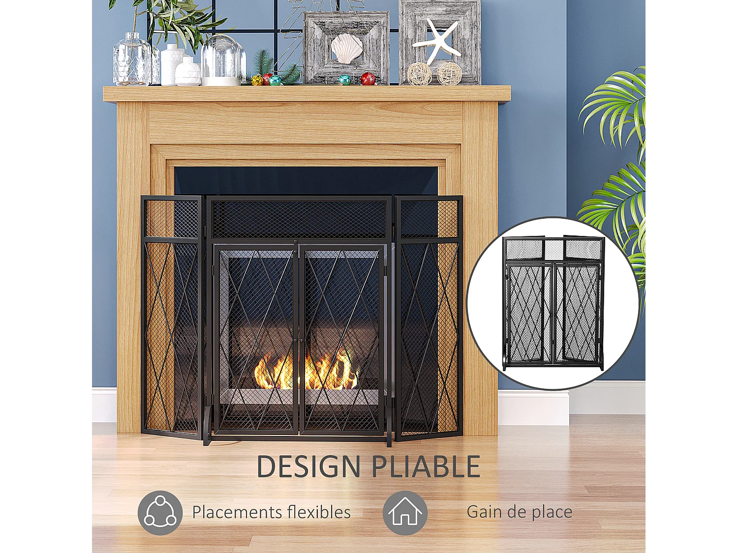 Pare-feu large pour cheminée ou poêle - pare-étincelles - 3 volets pliables et portes - métal noir