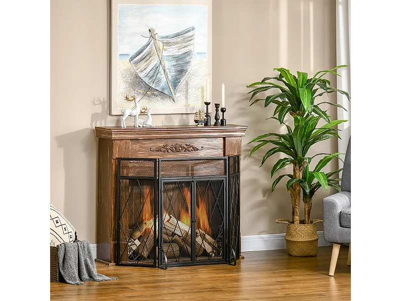 Pare-feu large pour cheminée ou poêle - pare-étincelles - 3 volets pliables et portes - métal noir