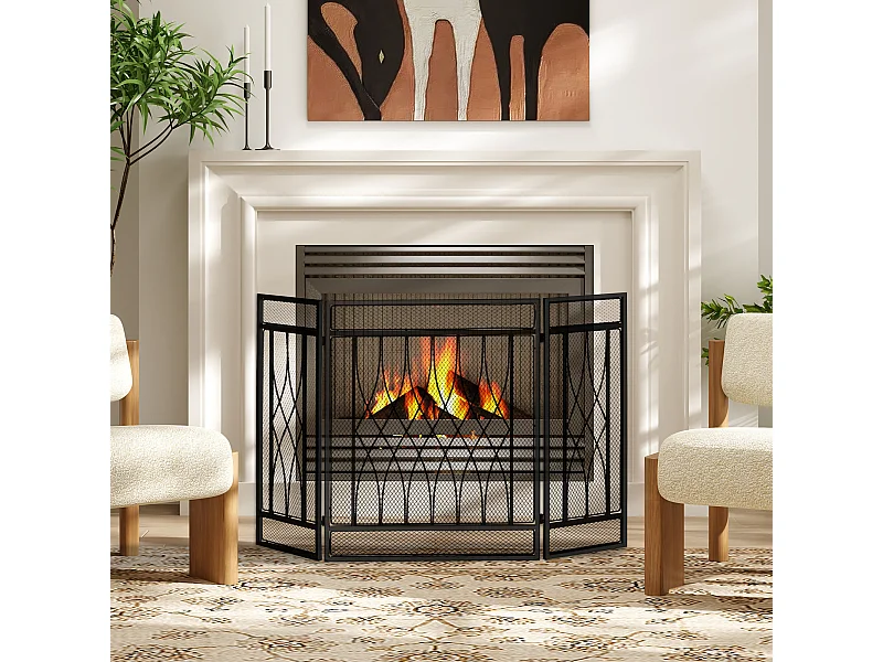 Grille de protection pour cheminée - pare-feu large pour cheminée ou poêle - pare-étincelles - barrière de sécurité - 3 volets pliables - métal noir