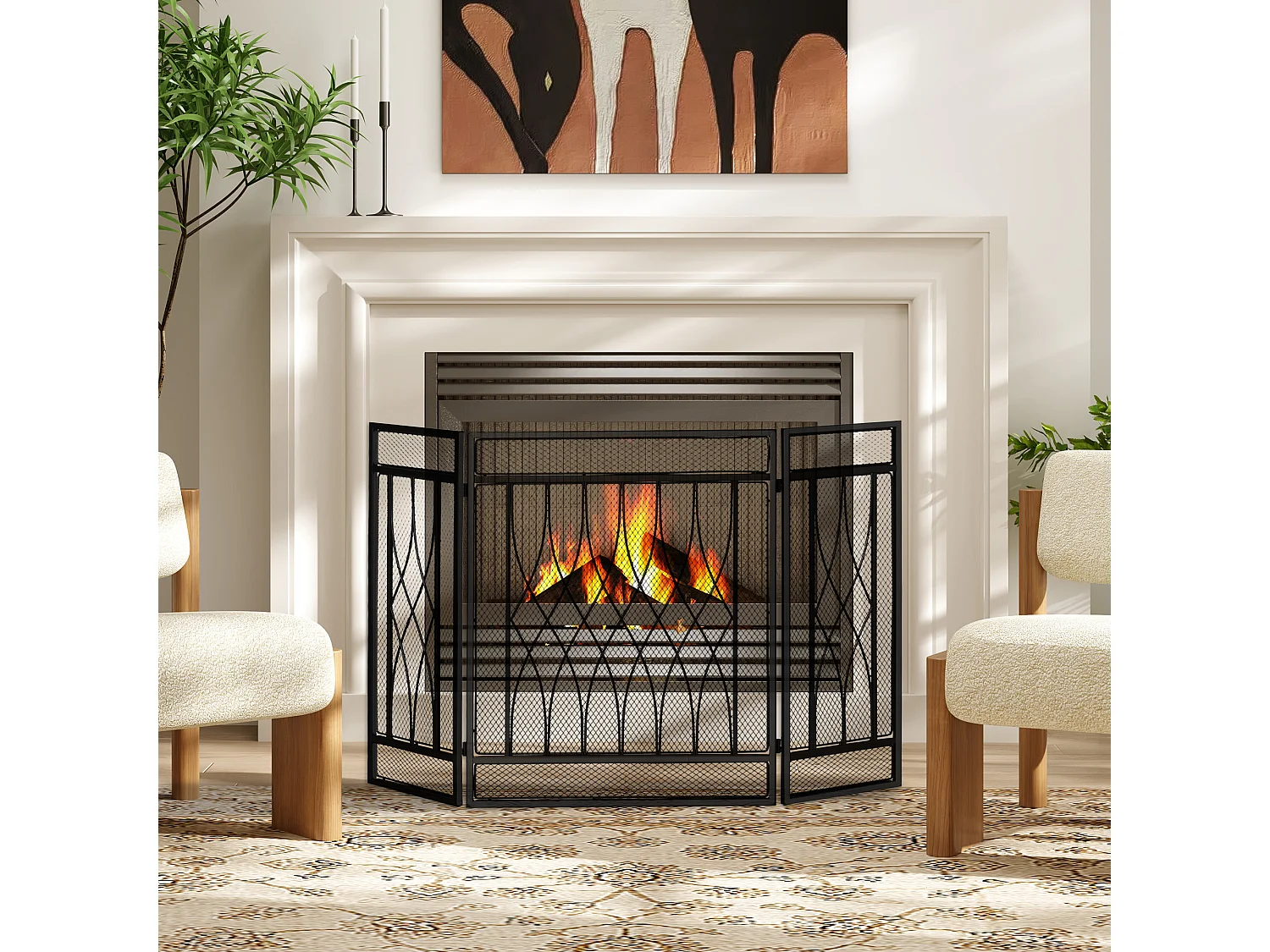 Grille de protection pour cheminée - pare-feu large pour cheminée ou poêle - pare-étincelles - barrière de sécurité - 3 volets pliables - métal noir