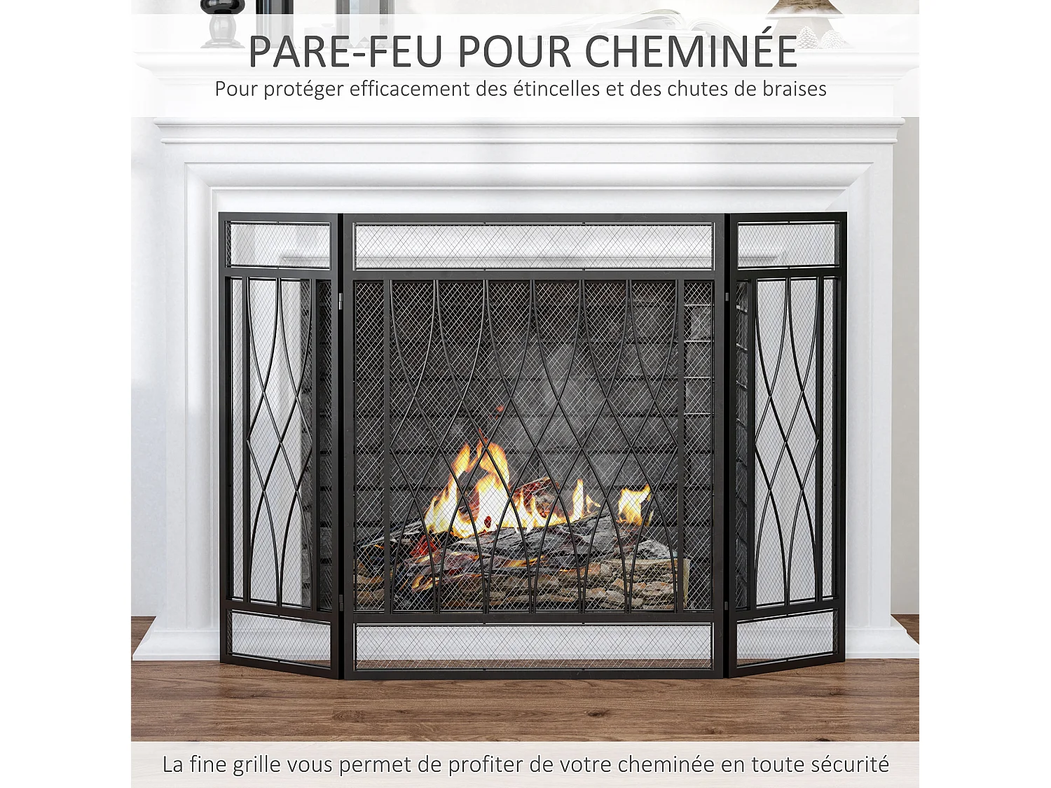 Grille de protection pour cheminée - pare-feu large pour cheminée ou poêle - pare-étincelles - barrière de sécurité - 3 volets pliables - métal noir