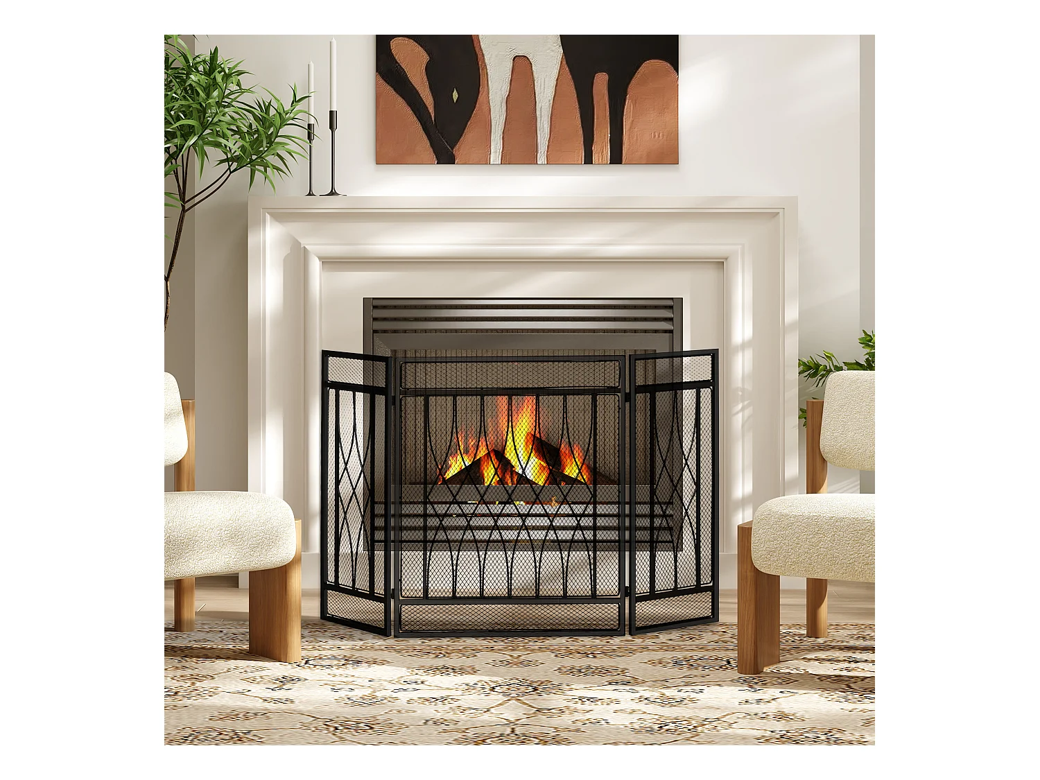 Grille de protection pour cheminée - pare-feu large pour cheminée ou poêle - pare-étincelles - barrière de sécurité - 3 volets pliables - métal noir