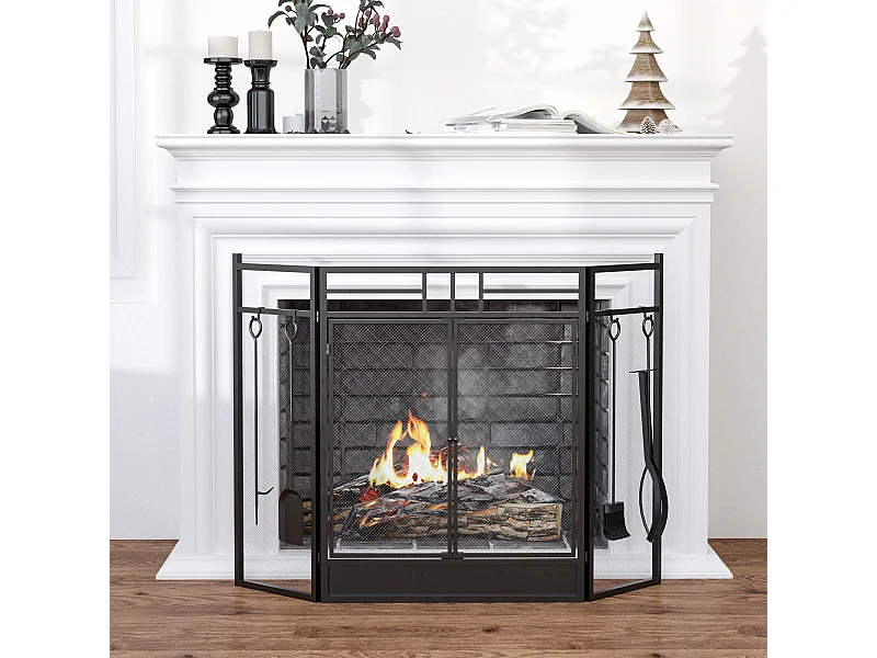 Pare-feu large pour cheminée ou poêle - pare-étincelles serviteur de cheminée 2 en 1 avec accessoires - 3 volets pliables et porte - acier métal noir